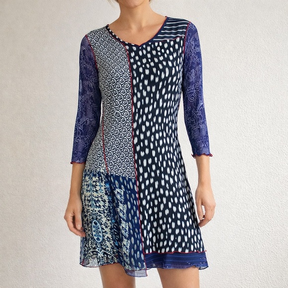 anya sf Dresses & Skirts - Anya SF Patchwork panel Print Dress Blue Mixed Pattern 3/4 Sleeve Boho Size S